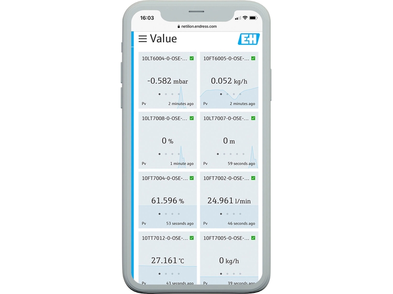 Netilion Value: captura de pantalla móvil de la interfaz del servicio de monitorización de datos basado en el IIoT